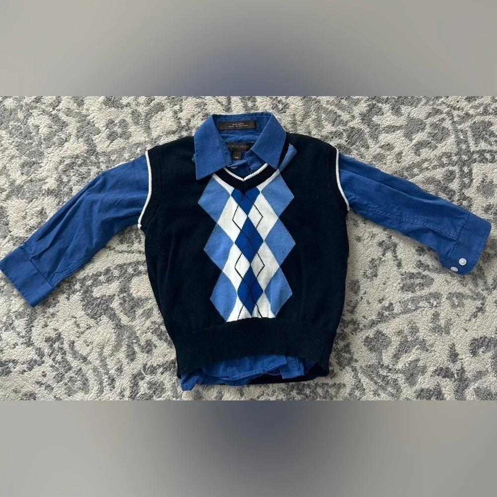 NORDSTROM Kid’s Sweater Vest & Button-Down Dress Shirt- Blue/ Black Size 24M